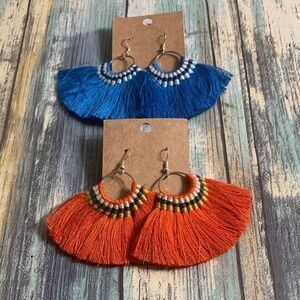 2 Pairs of Colorful Fringe Gold tone Earrings. One orange and the other in blue!
